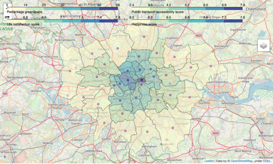 A map of London boroughs displaying quality-of-life information.